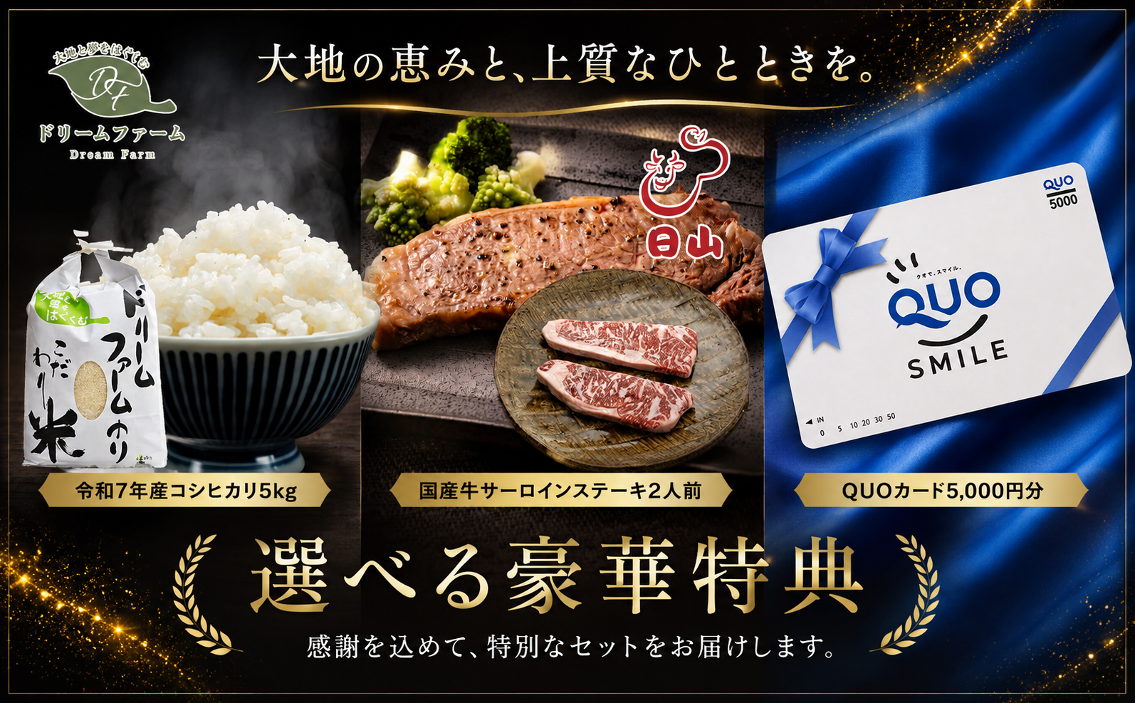 お米・お肉・QUOカードの特典イメージ